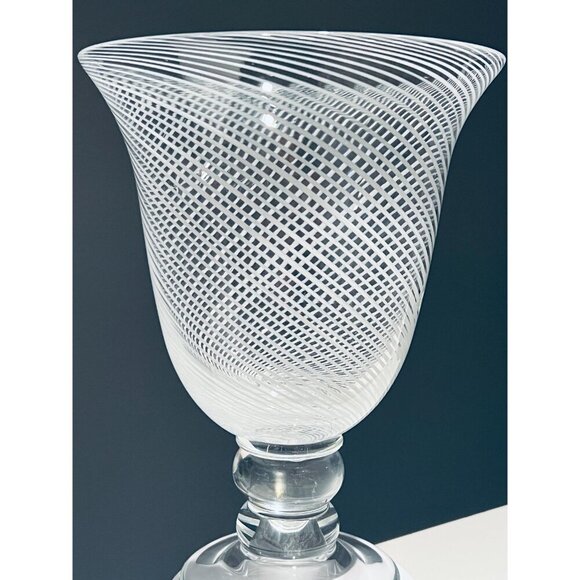 Hand-Blown Art Glass Pedestal Vase|White Swirl Lattice|Murano Style Modern Decor - Picture 3 of 8